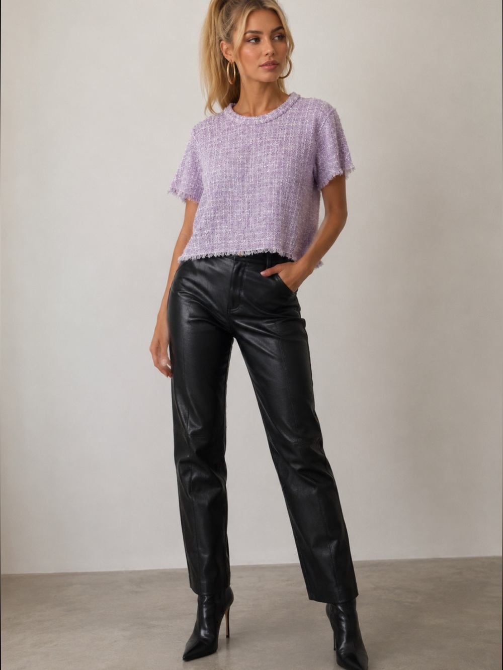 IRO (Paris Fashion) Tweed Fringe Short Sleeve Edgy Lavender Top. French 42=US 10